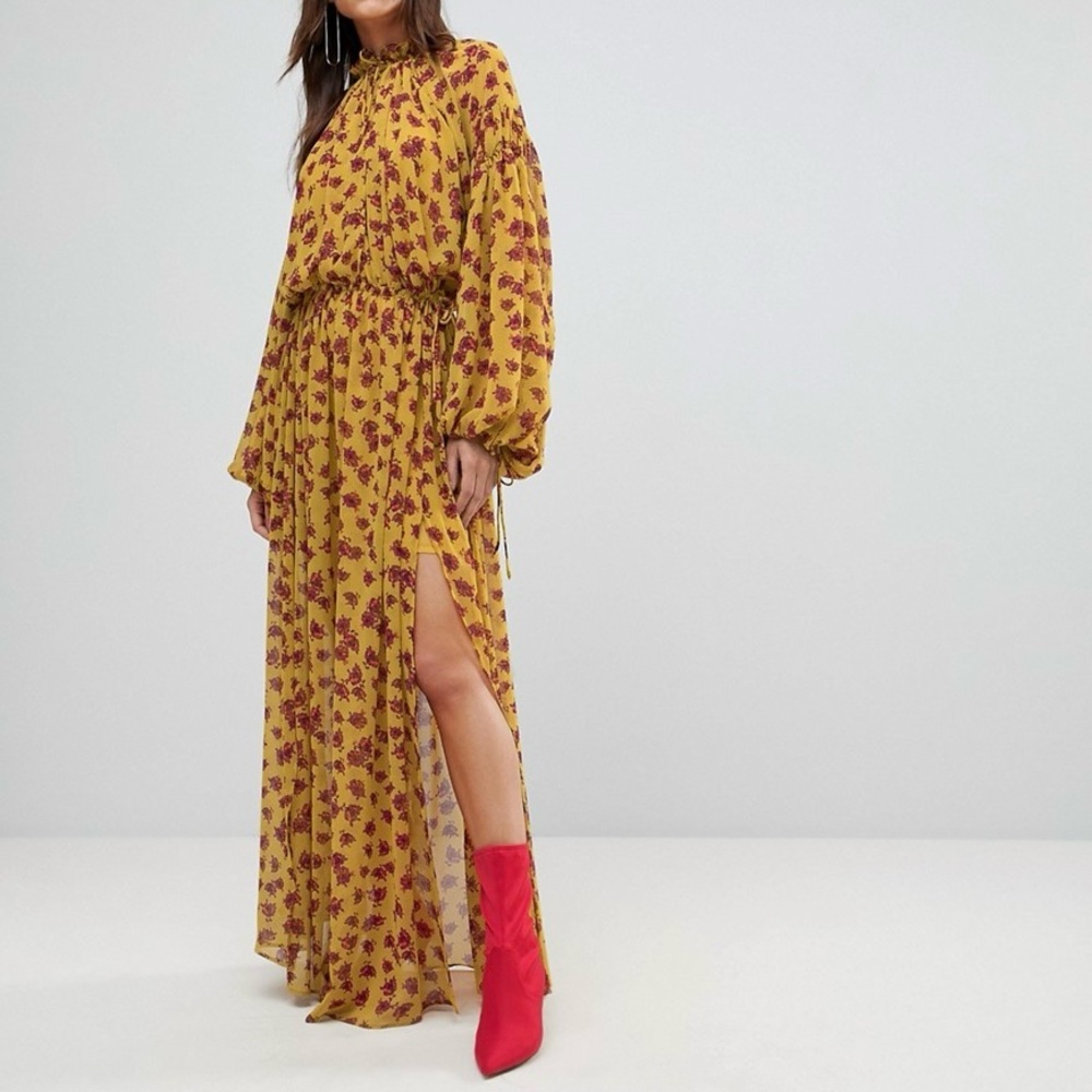 Mango Floral Maxi Tie Waist Dress Yellow Gold Size XS 2